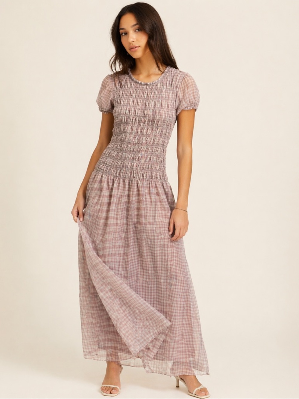 Bohme Opal Gingham Maxi Dress in Brown Tan Size small boho prairie cottagecore